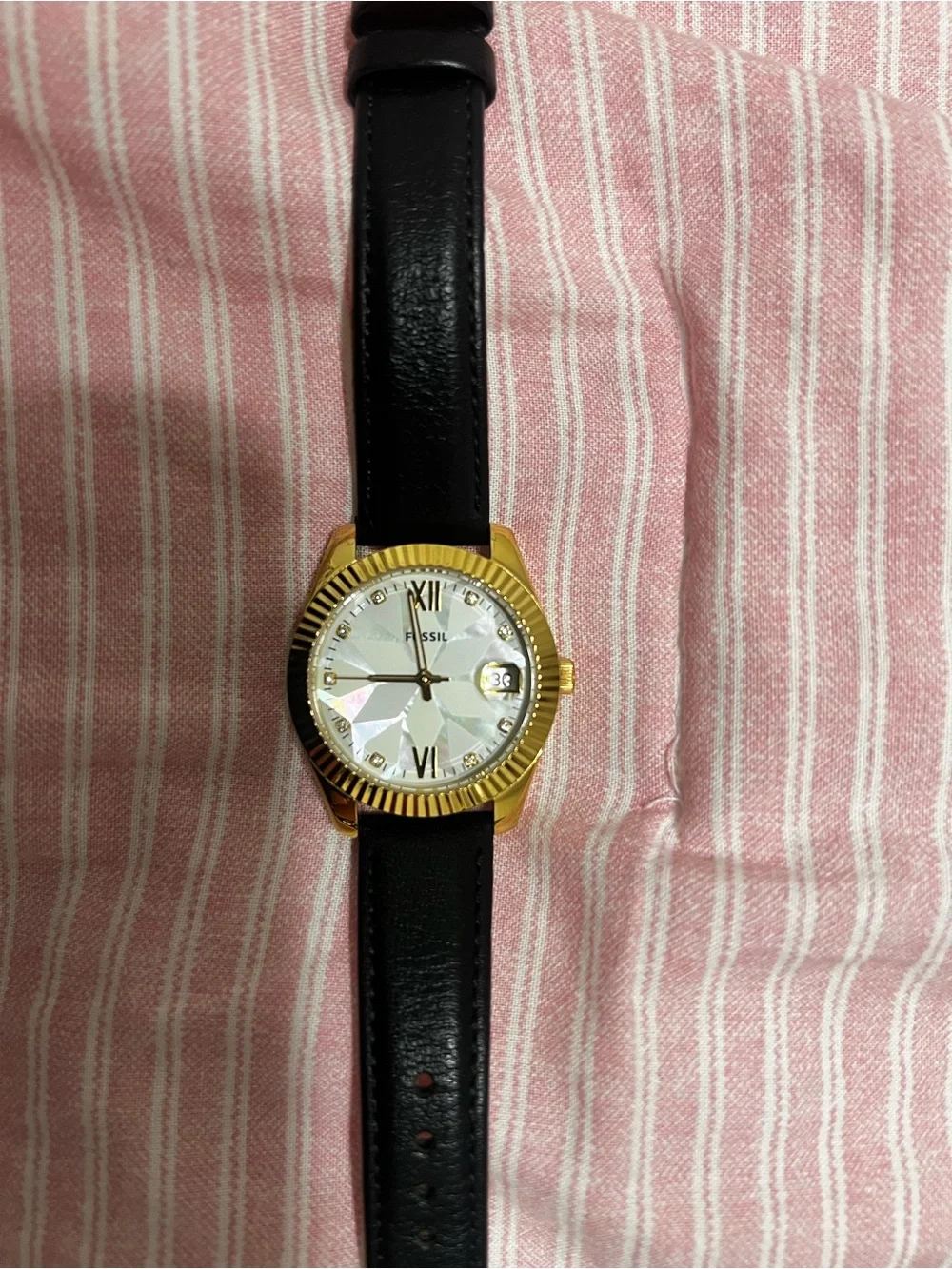 Fossil Gold-Tone Case Watch with Black Leather Strap